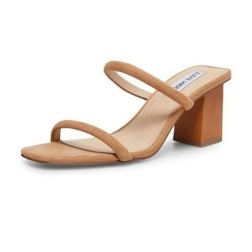STEVE MADDEN HONEY HEELED TAN BLOCK SANDALS SLIP ON OPEN TOE 7.5